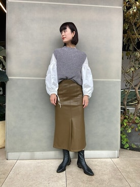 「フェイクレザースカート」｜ESTNATIONさん（レディース・162cm）の秋コーディネート