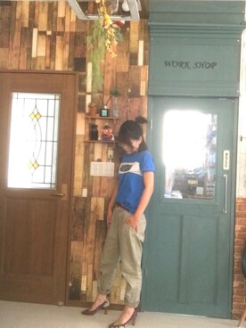 「古着のアイテム（チノパンツ、ベージュ系）」を使った、kumiaiさん（レディース・156cm）の夏コーディネート