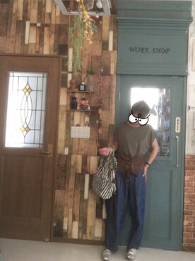 「no brand（ノーブランド）のコルセットTシャツ（Tシャツ/カットソー、グリーン系）」を使った、kumiaiさん（レディース・156cm）の夏コーディネート