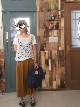 「Fjallraven Kanken（フェールラーベンカンケン）のアイテム（バックパック/リュック、ブルー系）」を使った、kumiaiさん（レディース・156cm）の夏コーディネート