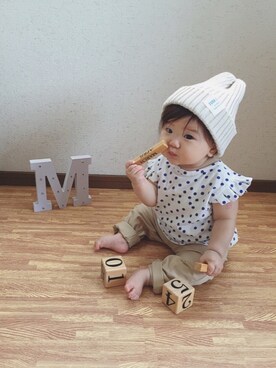 「FORK&SPOON（フォークアンドスプーン）のアイテム（帽子）」を使った、☁︎mico☁︎さん（キッズ・70cm）の夏コーディネート