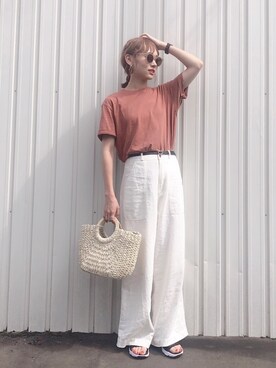 「reca（レカ）のウエストリボン リネンワイドパンツ（その他パンツ）」を使った、UMIさん（レディース・165cm）の夏コーディネート
