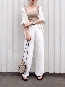 「reca（レカ）のウエストリボン リネンワイドパンツ（その他パンツ）」を使った、UMIさん（レディース・165cm）の夏コーディネート