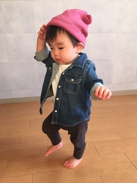 「ピンク×ネイビー」｜「アイテム（ニットキャップ/ビーニー）」を使った、soootaさん（キッズ・80cm）の冬コーディネート
