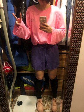 「chuu（チュー）のアイテム（Tシャツ/カットソー、ピンク系）」を使った、宝玑さん（レディース・167cm）の秋コーディネート