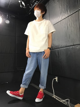 「HVC（エイチブイシー）のアイテム（パンツ）」を使った、赤髪のともさん（メンズ・170cm）の夏コーディネート