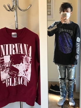 「NIRVANA（ニルヴァーナ）のアイテム（スウェット）」を使った、Tomo SOMAさん（メンズ・170cm）の冬コーディネート