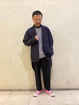 「UNIVERSAL OVERALL（ユニバーサルオーバーオール）の【別注】 ＜UNIVERSAL OVERALL(ユニバーサルオーバーオール）＞ 1POC BORDER TEE/Tシャツ（Tシャツ/カットソー、ホワイト系）」を使った、NISHIDAさん（メンズ・163cm）の春コーディネート