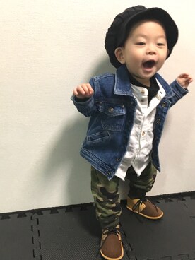 「ノーカラーシャツ」｜「アイテム（デニムジャケット）」を使った、ao&akaさん（キッズ・80cm）の春コーディネート