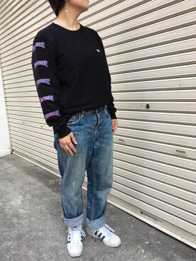 「BEAMS（ビームス）のアイテム（Tシャツ/カットソー、ブラック系）」を使った、ねこ ぱんちさん（レディース・160cm）の春コーディネート