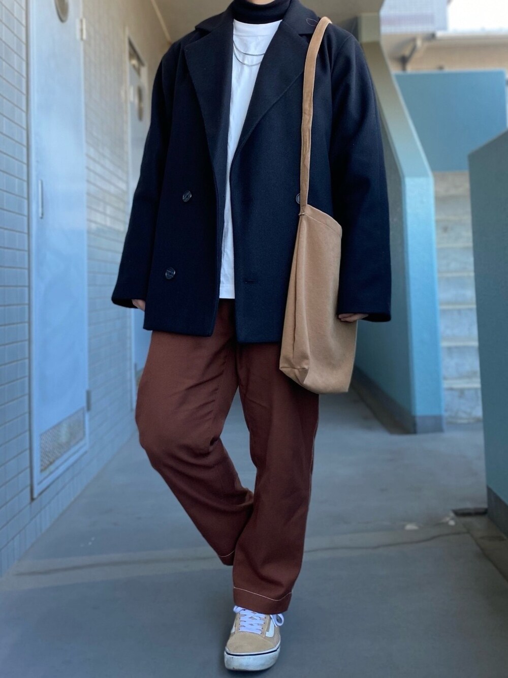 「私の推しブランド、冬コーデ、冬、低身長、きれいめカジュアル」｜「remerのloose melton pea coat jacket/ルーズメルトンPコートジャケット（ピーコート、ブラック系）」を使った、のぼるさん（メンズ・155cm）の冬コーディネートの1枚目の写真