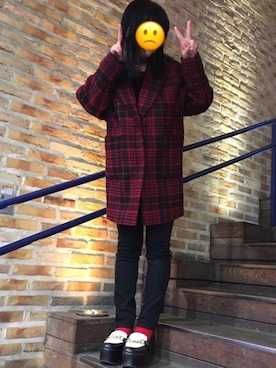 「赤チェック」｜「アイテム（チェスターコート）」を使った、ぴーちゃん ♪さん（レディース・157cm）の冬コーディネート