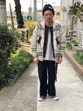 「カウチンセーター」｜「アイテム（ニットキャップ/ビーニー）」を使った、Chuuuさん（メンズ・171cm）の冬コーディネート