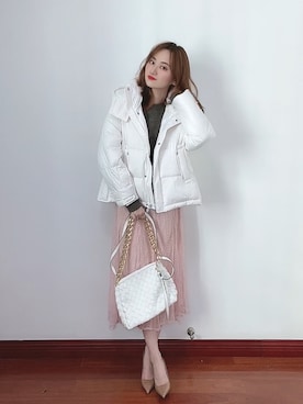 「SAISON DE PAPILLON（セゾンドパピヨン）の【ホワイトダックダウン90％】フード付きダウンジャケット（ダウンジャケット/コート）」を使った、miaさん（レディース・163cm）の秋コーディネート