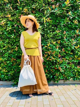 「Lugnoncure（ルノンキュール）のラフィアフリンジハット（ハット、ブラック系）」を使った、lukawaguchimaekawaさん（レディース）の夏コーディネート