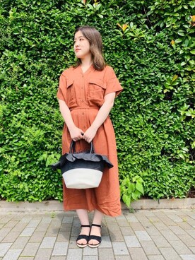 「Te chichi TERRASSE（テチチテラス）のリネン混サファリワンピース（ワンピース、ブラウン系）」を使った、lukawaguchimaekawaさん（レディース）の夏コーディネート