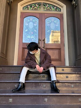 「HARE（ハレ）のアイテム（チェスターコート、ブラウン系）」を使った、shuheiさん（メンズ・172cm）の冬コーディネート