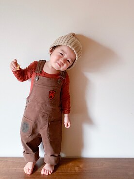 「アイテム（ロンパース、レッド系）」を使った、りく・みさき・母さん（キッズ・100cm）の秋コーディネート