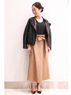 「ラップスカート」｜「アイテム（ライダースジャケット）」を使った、natsukiさん（レディース・162cm）の秋コーディネート