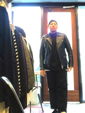 「carhartt」｜「アイテム（ライダースジャケット）」を使った、伊藤孝法さん（メンズ・165cm）の秋コーディネート