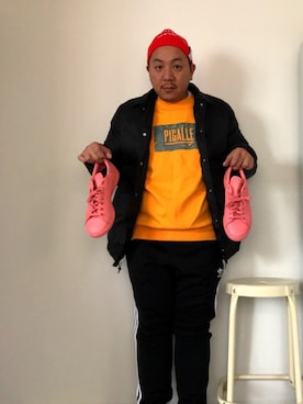 「Gosha Rubchinskiy（ゴーシャラブチンスキー）のアイテム（帽子）」を使った、伊藤孝法さん（メンズ・165cm）の冬コーディネート