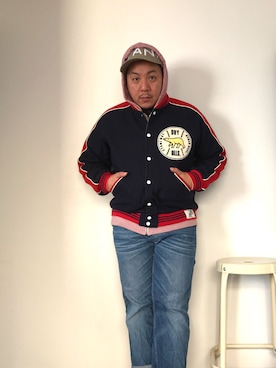 「HUMAN MADE（ヒューマンメード）のアイテム（スタジャン）」を使った、伊藤孝法さん（メンズ・165cm）の冬コーディネート