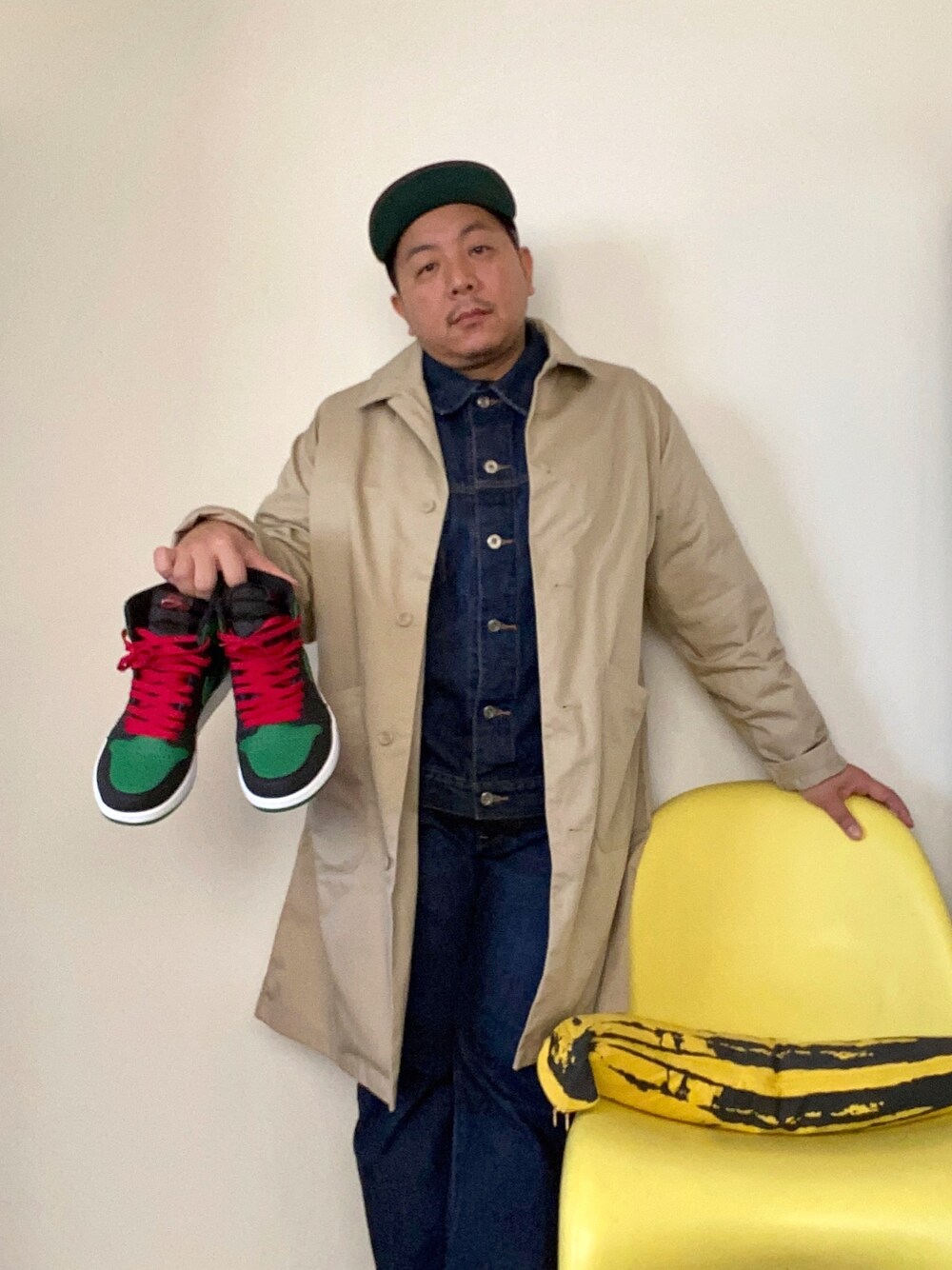 「NIKE、jordan1、aj1、Output 、The Brooklyn Circus」｜「NIKEのアイテム（スニーカー、グリーン系）」を使った、伊藤孝法さん（メンズ・165cm）の春コーディネートの1枚目の写真