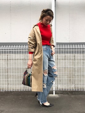 「レッド」｜「アイテム（ステンカラーコート）」を使った、saori shikiさん（レディース・158cm）の冬コーディネート