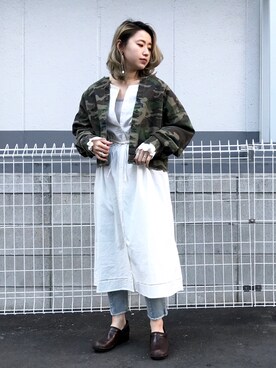 「シャツジャケット」｜「アイテム（ノーカラージャケット）」を使った、saori shikiさん（レディース・158cm）の春コーディネート