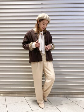 「シャツジャケット」｜「アイテム（ノーカラージャケット）」を使った、saori shikiさん（レディース・158cm）の秋コーディネート