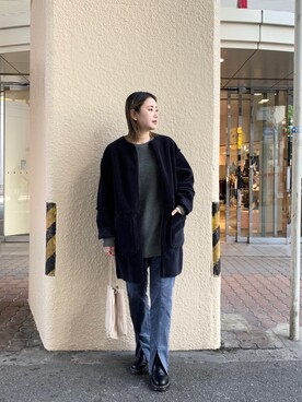 「スリットパンツ」｜「アイテム（ムートンコート）」を使った、saori shikiさん（レディース・158cm）の秋コーディネート