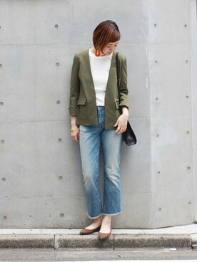 「アイテム（ノーカラージャケット、グリーン系）」を使った、Reimiさん（レディース・170cm）の秋コーディネート