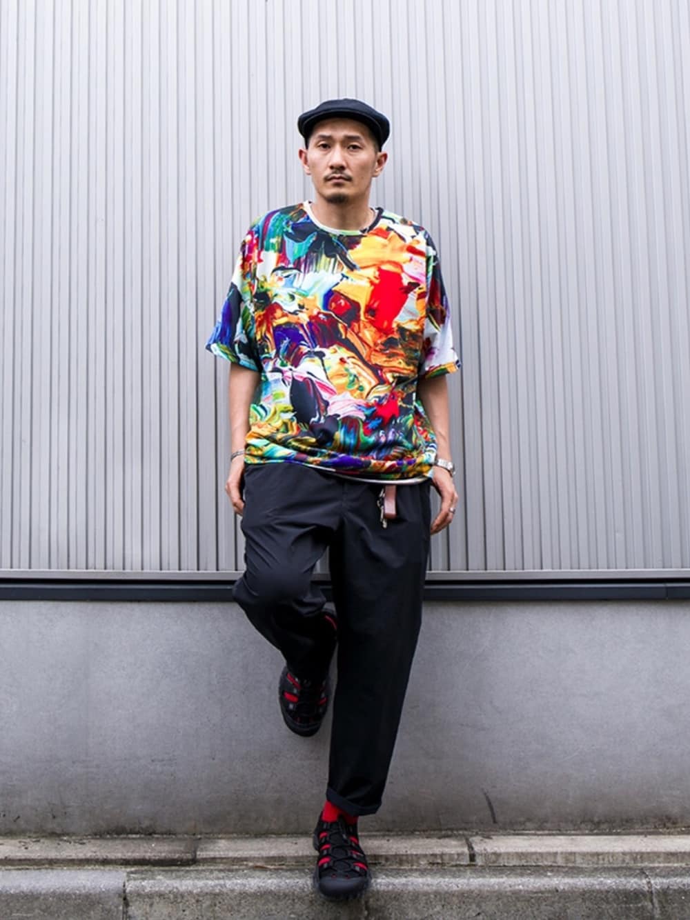 「夏コーデ、サンダル、ワイドパンツ、APPLEBUM、New Balance、keen、KANGOL、ビッグシルエット、ストリート」｜「APPLEBUMのアイテム（Tシャツ/カットソー、その他）」を使った、akustoさん（メンズ・172cm）の夏コーディネートの1枚目の写真