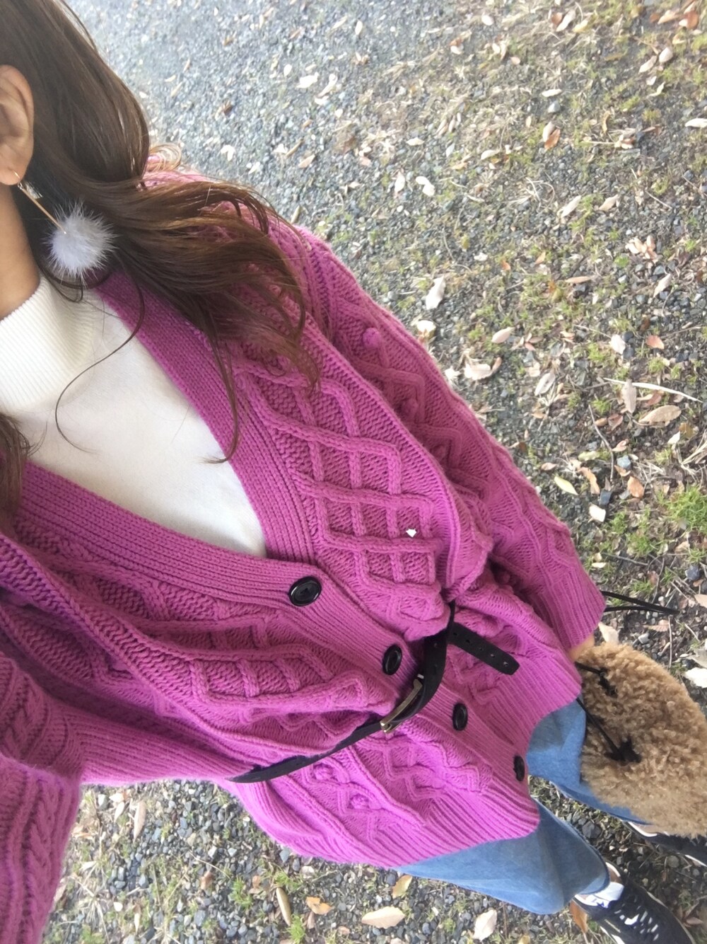 「大人カジュアル、今日のコーデ、ゆるコーデ、秋コーデ、ピンクニット、ママコーデ、ママファッション」｜「LOWRYS FARMのケーブルロングカーディガン　761208 （カーディガン/ボレロ、ピンク系）」を使った、mamena♪さん（レディース・163cm）の秋コーディネートの1枚目の写真