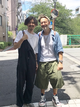 「YSTRDY's TMRRW（イエスタデイズトゥモロー）のアイテム（サロペット/オーバーオール）」を使った、takさん（メンズ・175cm）の夏コーディネート