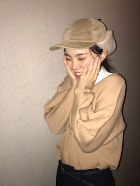 「ハンチング」｜「アイテム（キャップ）」を使った、るうこさん（レディース・162cm）の冬コーディネート