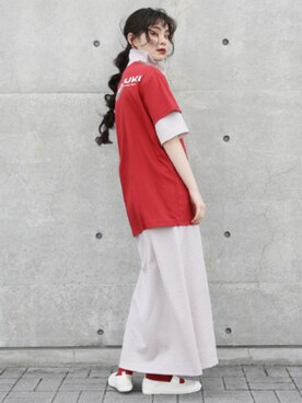「hatra（ハトラ）のアイテム（Tシャツ/カットソー）」を使った、るうこさん（レディース・162cm）の夏コーディネート