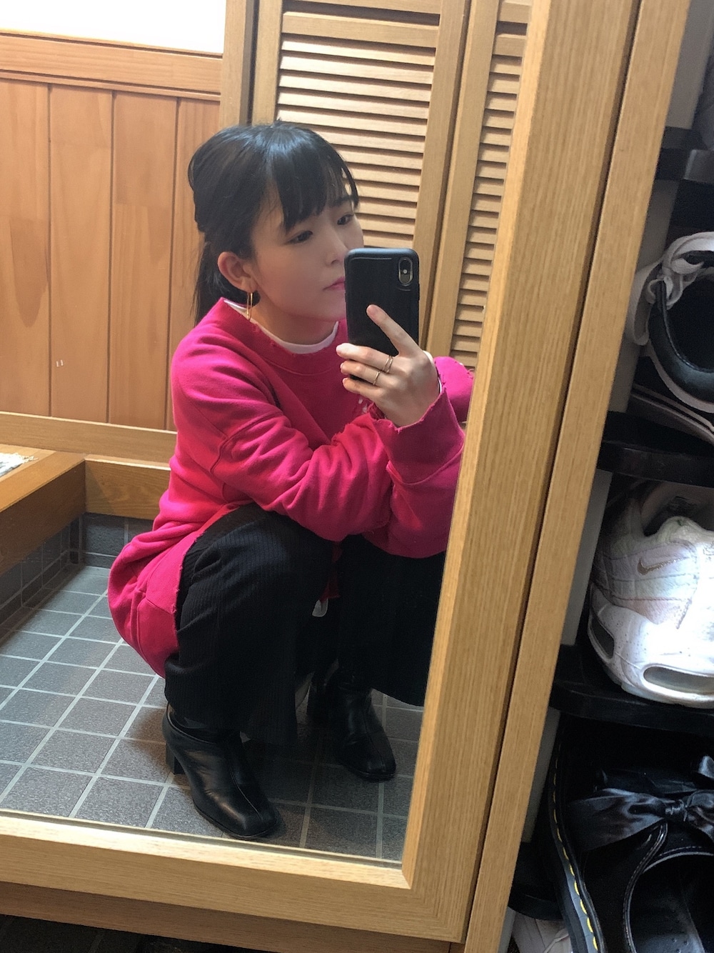 「低身長、ピンク」｜「JEANASISのアトゾメクラッシュウラケプルオーバー/917002（スウェット、ピンク系）」を使った、ぴさん（レディース・142cm）の秋コーディネートの1枚目の写真