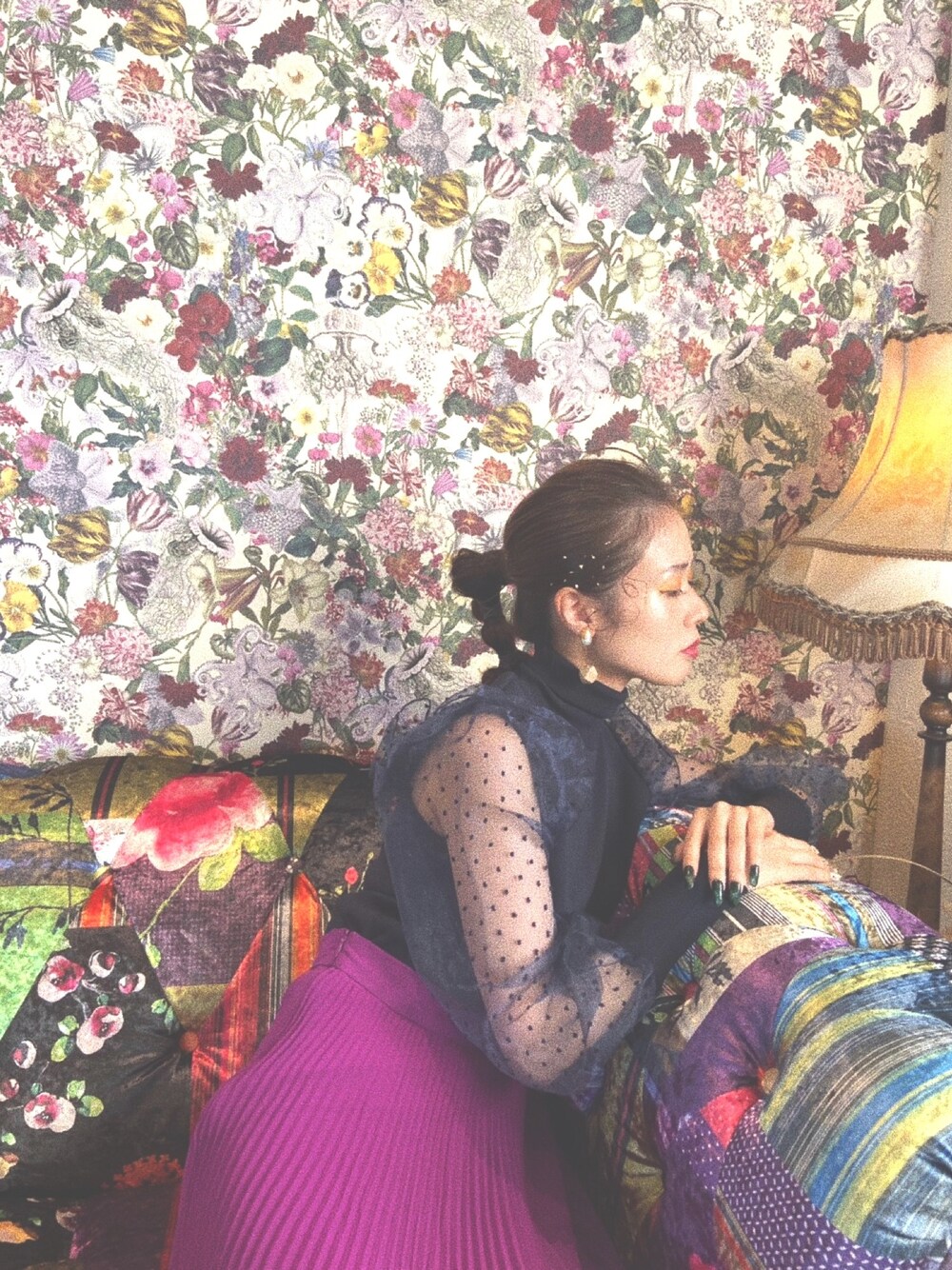 「春コーデ、大人カジュアル、パープル、オーガンジー、春、撮影、ザラジョ、ZARA、おうちファッション、ドット柄」｜「ZARAのアイテム（トップス、ブルー系）」を使った、meiさん（レディース・162cm）の春コーディネートの1枚目の写真