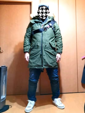 「grn（ジーアールエヌ）のアイテム（モッズコート）」を使った、xeroxeroさん（メンズ・173cm）の冬コーディネート