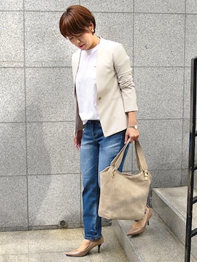 「GeeRA（ジーラ）のアイテム（ノーカラージャケット）」を使った、RyuRyu さん（レディース・161cm）の春コーディネート