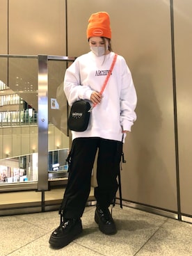 「thisisneverthat（ディスイズネバーザット）のアイテム（帽子）」を使った、YU-KA OZAWAさん（レディース・153cm）の秋コーディネート