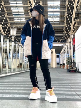 「thisisneverthat（ディスイズネバーザット）のアイテム（帽子）」を使った、YU-KA OZAWAさん（レディース・153cm）の秋コーディネート