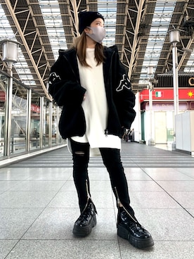 「thisisneverthat（ディスイズネバーザット）のアイテム（帽子）」を使った、YU-KA OZAWAさん（レディース・153cm）の冬コーディネート