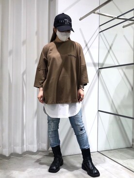 「AZS TOKYO（アザストーキョー）のAZS TOKYO/アザストーキョー/クライアローンキャップ/CRY ALONE CAP（キャップ）」を使った、YU-KA OZAWAさん（レディース・153cm）の夏コーディネート