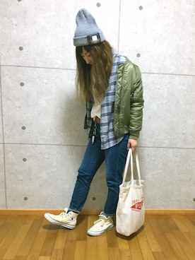 「しまむら（シマムラ）のアイテム（ニットキャップ/ビーニー）」を使った、𝚁𝚒𝚎 ‪︎‬‪︎☺︎さん（レディース・160cm）の冬コーディネート