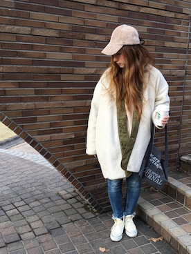 「reca（レカ）のゆったりラフな着心地◆超ビッグシルエットカットソー（Tシャツ/カットソー）」を使った、𝚁𝚒𝚎 ‪︎‬‪︎☺︎さん（レディース・160cm）の冬コーディネート