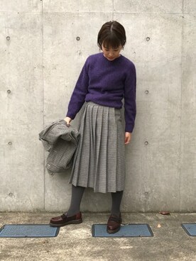 canae ueharaさんの「BEAMS BOY / ウール ガングラフ プリーツスカート」を使ったコーディネート