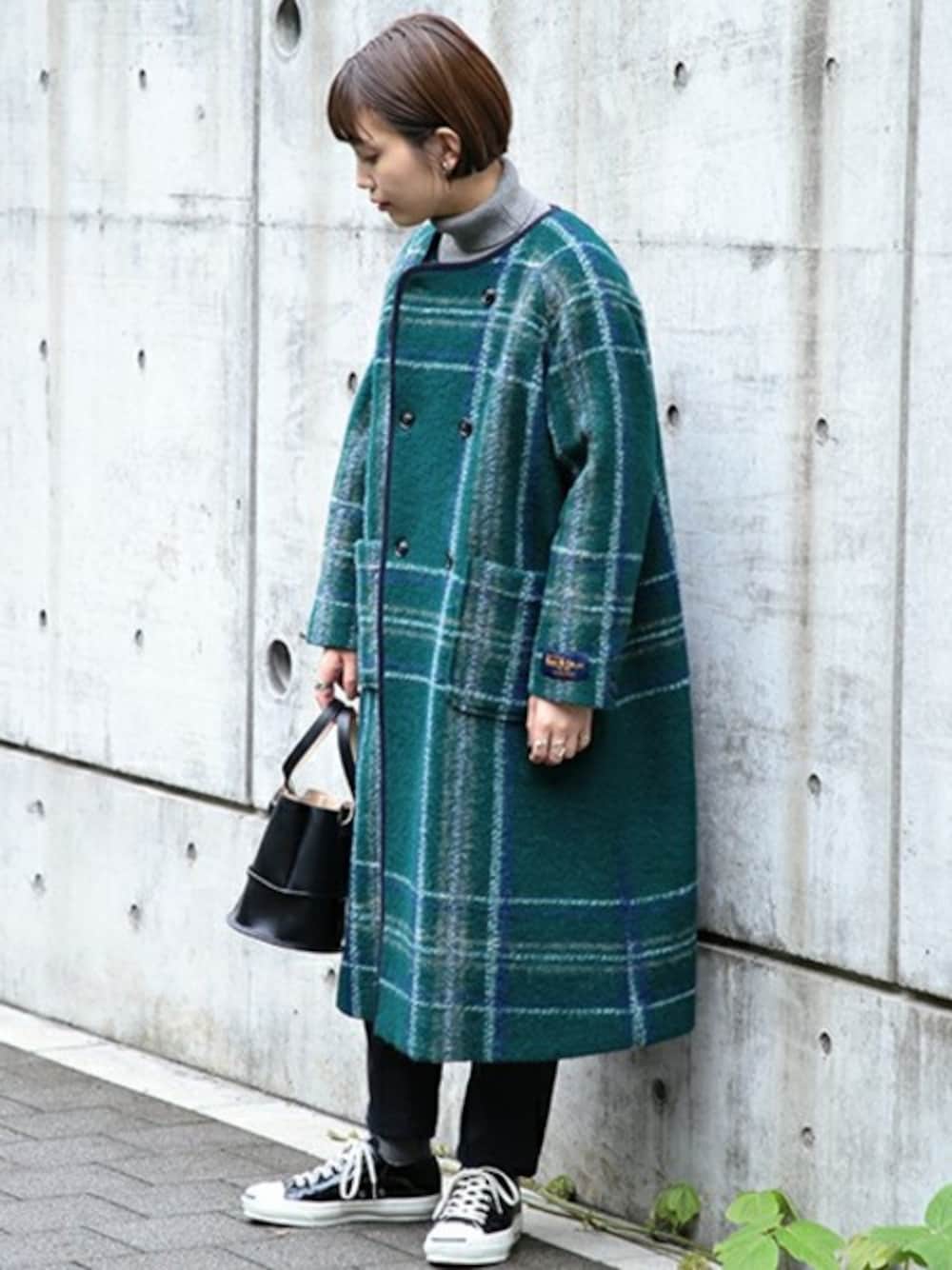 beams boy スライバー チェック ノーカラーコート　ビームス　グリーン BEAMS BOY（ビームスボーイ）の「BEAMS BOY / スライバー チェック