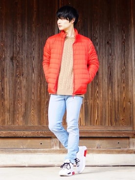 「アイテム（ダウンジャケット/コート、レッド系）」を使った、HIROKIANDOさん（メンズ・170cm）の冬コーディネート